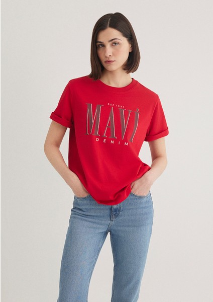 Mavi Logo Baskılı Kırmızı Tişört 1611990-70463