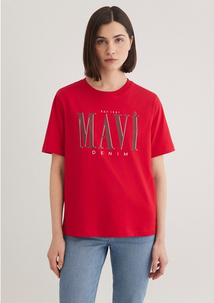 Mavi Logo Baskılı Kırmızı Tişört 1611990-70463
