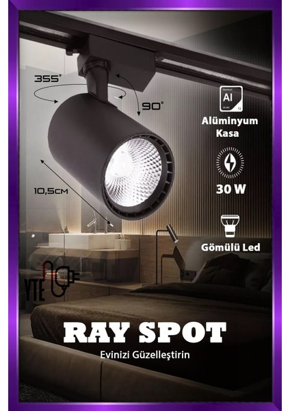 Gün Işığı 30W Siyah Kasa Ray Spot 3 Adet 1 Metre Ray Beraber Set Halinde