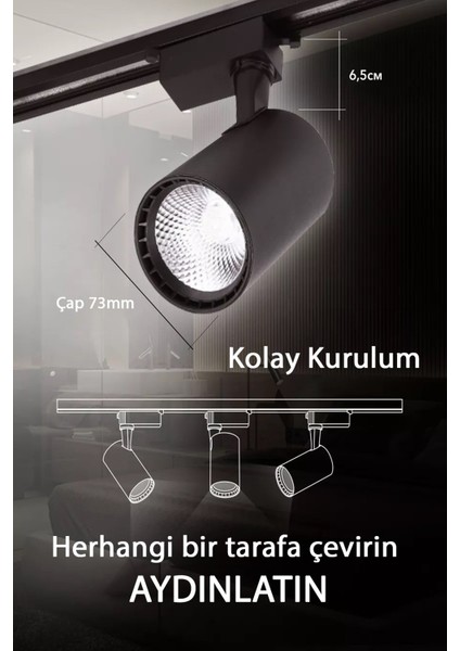 Gün Işığı 30W Siyah Kasa Ray Spot 3 Adet 1 Metre Ray Beraber Set Halinde