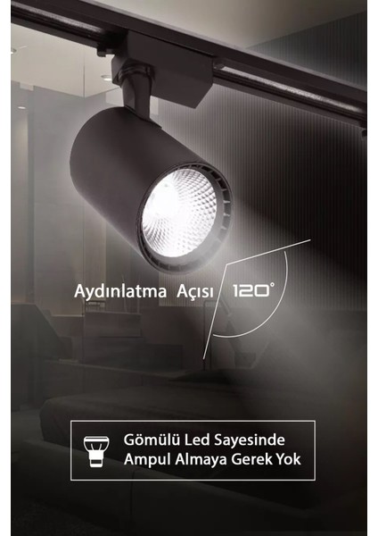 Gün Işığı 30W Siyah Kasa Ray Spot 3 Adet 1 Metre Ray Beraber Set Halinde