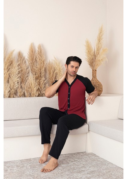 Erkek Kısa Kol Üst Bordo-Siyah Alt Siyah Önden Düğmeli Pijama Takımı