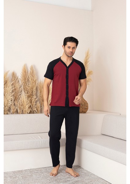 Erkek Kısa Kol Üst Bordo-Siyah Alt Siyah Önden Düğmeli Pijama Takımı fiyatları