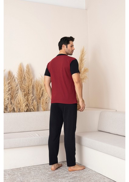 Erkek Kısa Kol Üst Bordo-Siyah Alt Siyah Önden Düğmeli Pijama Takımı modelleri