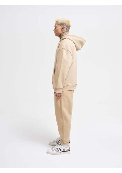 Unisex Basic Oversize Kapüşonlu Bej Sweatshirt