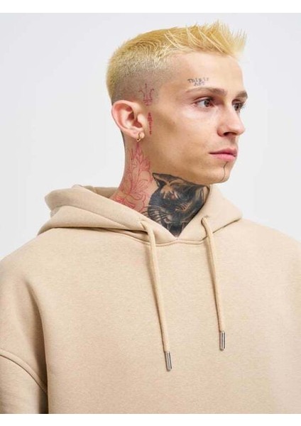 Unisex Basic Oversize Kapüşonlu Bej Sweatshirt