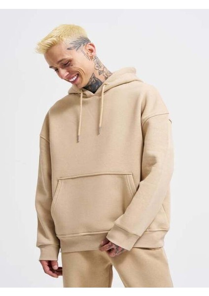 Unisex Basic Oversize Kapüşonlu Bej Sweatshirt