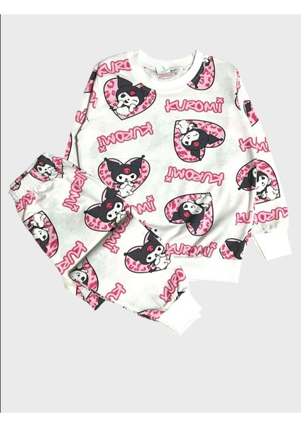 Kız Çocuk Pamuklu Beyaz Pembe Kuromi Desenli Uzun Kollu Mevsimlik Pijama Takımı