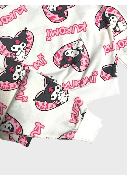 Kız Çocuk Pamuklu Beyaz Pembe Kuromi Desenli Uzun Kollu Mevsimlik Pijama Takımı