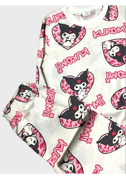 Kız Çocuk Pamuklu Beyaz Pembe Kuromi Desenli Uzun Kollu Mevsimlik Pijama Takımı
