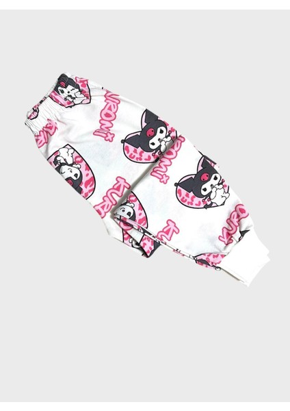 Kız Çocuk Pamuklu Beyaz Pembe Kuromi Desenli Uzun Kollu Mevsimlik Pijama Takımı