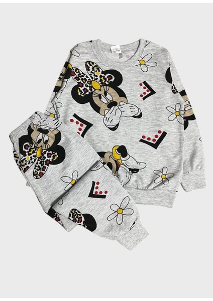Kız Çocuk Pamuklu Gri Çiçek Sevimli Mickey Desenli Uzun Kollu Mevsimlik Pijama Takımı