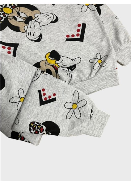 Kız Çocuk Pamuklu Gri Çiçek Sevimli Mickey Desenli Uzun Kollu Mevsimlik Pijama Takımı