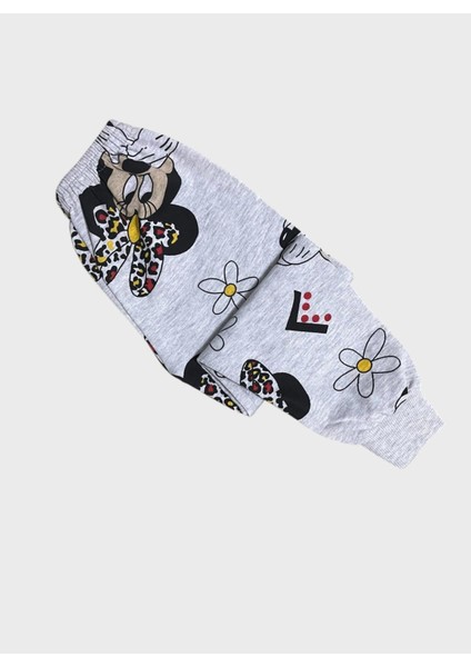 Kız Çocuk Pamuklu Gri Çiçek Sevimli Mickey Desenli Uzun Kollu Mevsimlik Pijama Takımı
