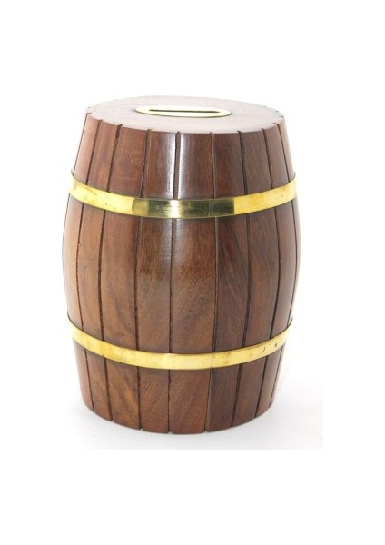 Pirinç Ahşap Fıçı Kumbara 15 cm