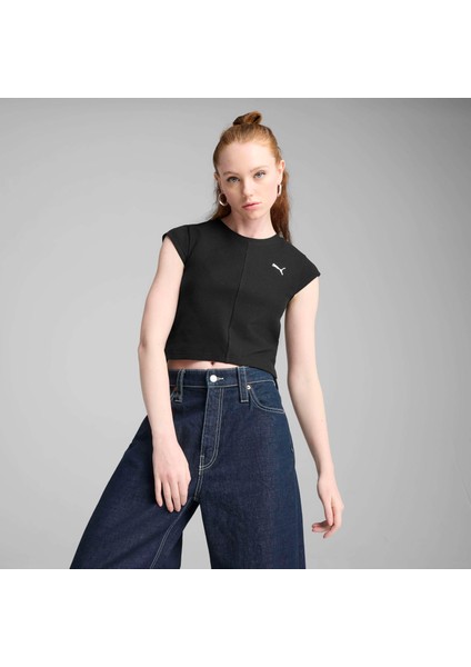 Kadın Siyah Puma Wardrobe Ess Ribbed Baby Tee Siyah Kadın Crop