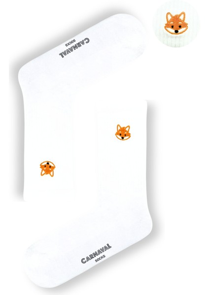 Nakışlı Tilki Desenli Beyaz Çorap