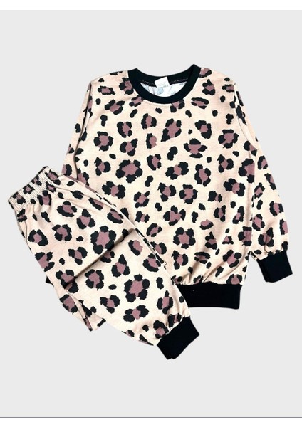 Kız Çocuk Pamuklu Krem Rengi Leopar Desenli Uzun Kollu Mevsimlik Pijama Takımı