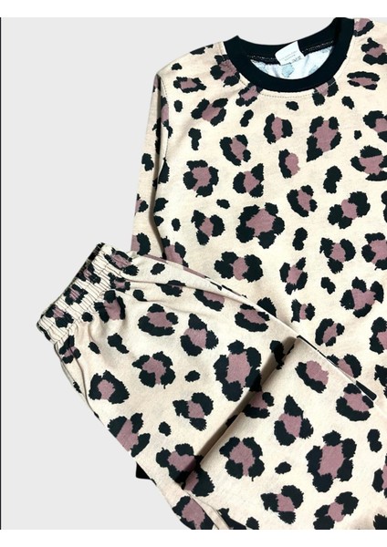 Kız Çocuk Pamuklu Krem Rengi Leopar Desenli Uzun Kollu Mevsimlik Pijama Takımı