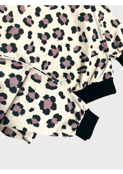 Kız Çocuk Pamuklu Krem Rengi Leopar Desenli Uzun Kollu Mevsimlik Pijama Takımı