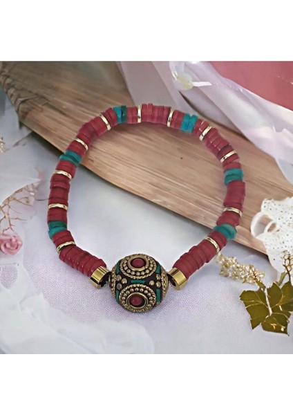 Nepal Boncuk Tasarımlı Kırmızı Sedef ve Hematit Taşlı Bileklik