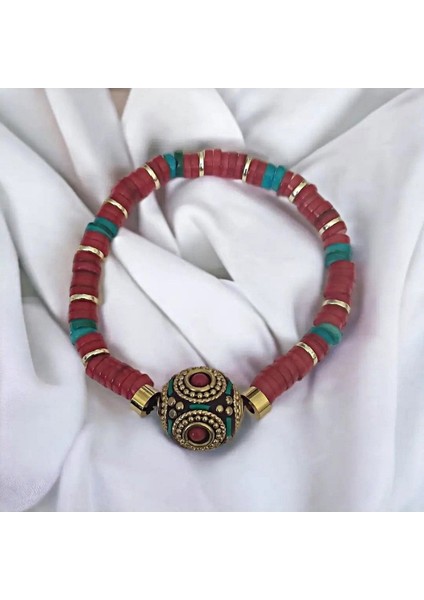 Nepal Boncuk Tasarımlı Kırmızı Sedef ve Hematit Taşlı Bileklik modelleri