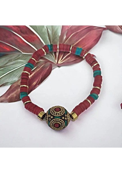 Nepal Boncuk Tasarımlı Kırmızı Sedef ve Hematit Taşlı Bileklik fırsatları