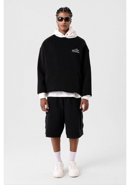 Yazı Detaylı Oversize Kapüşonlu Sweatshirt Siyah