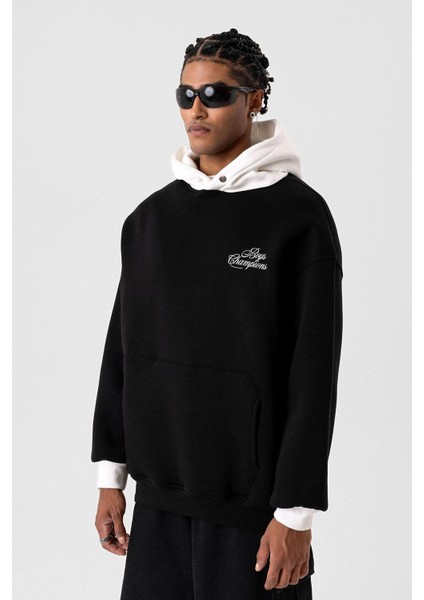 Yazı Detaylı Oversize Kapüşonlu Sweatshirt Siyah indirimleri