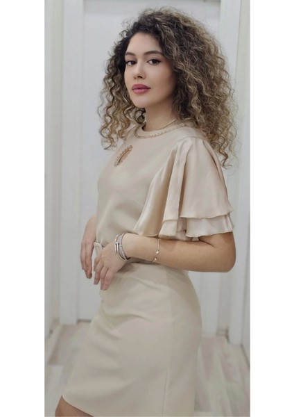Saten Kol Volanlı Boncuk Işlemeli Kemerli Abiye Elbise 6012-BEJ modelleri