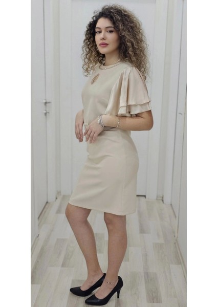 Saten Kol Volanlı Boncuk Işlemeli Kemerli Abiye Elbise 6012-BEJ fırsatları