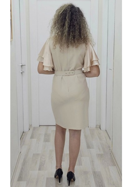 Saten Kol Volanlı Boncuk Işlemeli Kemerli Abiye Elbise 6012-BEJ indirimleri