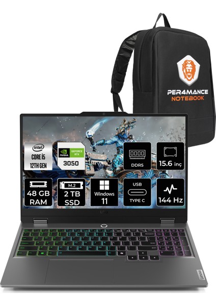 Loq Intel Core I5 12600HX 48GB 2tb SSD RTX3050/6GB 15.6" Fhd 144Hz Windows 11 Home Taşınabilir Bilgisayar & Per4 Çanta 83GS00PCTRP369