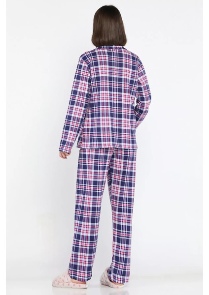 Kadın Ekose Desenli Boydan Düğmeli Uzun Kol Pijama Takımı