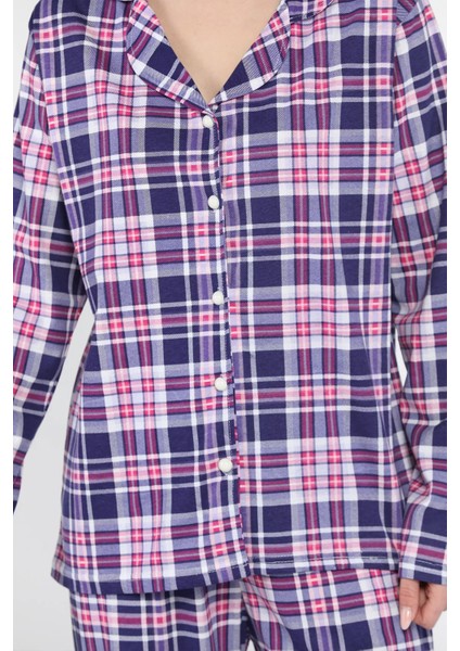 Kadın Ekose Desenli Boydan Düğmeli Uzun Kol Pijama Takımı