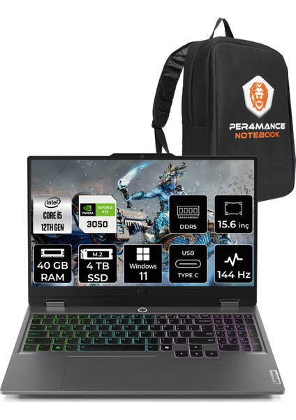 Loq Intel Core I5 12600HX 40GB 4tb SSD RTX3050/6GB 15.6" Fhd 144HzWindows 11 Pro Taşınabilir Bilgisayar & Per4 Çanta 83GS00PCTRP405