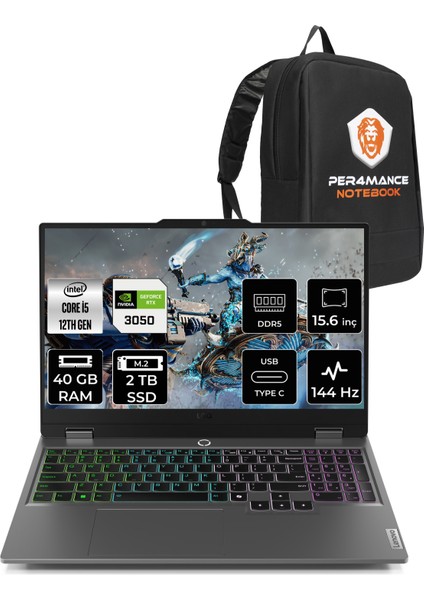 Loq Intel Core I5 12600HX 40GB 2tb SSD RTX3050/6GB 15.6" Fhd 144Hz Fdos Taşınabilir Bilgisayar & Per4 Çanta 83GS00PCTRP324