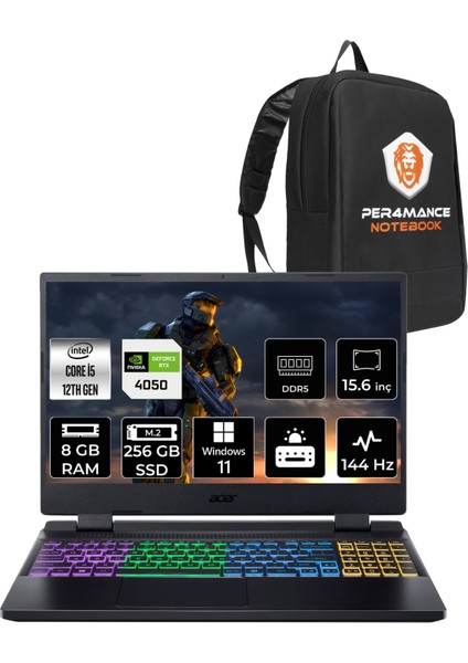 Nitro 5 Intel Core I5 12500H 8gb 256GB SSD RTX4050/6GB 140W 15.6" Fhd 144Hz Windows 11 Home Taşınabilir Bilgisayar & Per4 Çanta NHQLZEY002P301