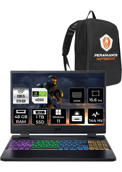 Nitro 5 Intel Core I5 12500H 48GB 1tb SSD RTX4050/6GB 140W 15.6" Fhd 144Hz Windows 11 Home Taşınabilir Bilgisayar & Per4 Çanta NHQLZEY002P328