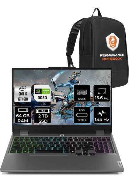 Loq Intel Core I5 12600HX 64GB 2tb SSD RTX3050/6GB 15.6" Fhd 144Hz Fdos Taşınabilir Bilgisayar & Per4 Çanta 83GS00PCTRP334
