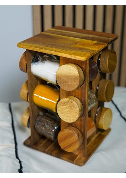 BadeHome Decoration Doğal Akasya 12'li Döner Standlı Baharatlık Seti