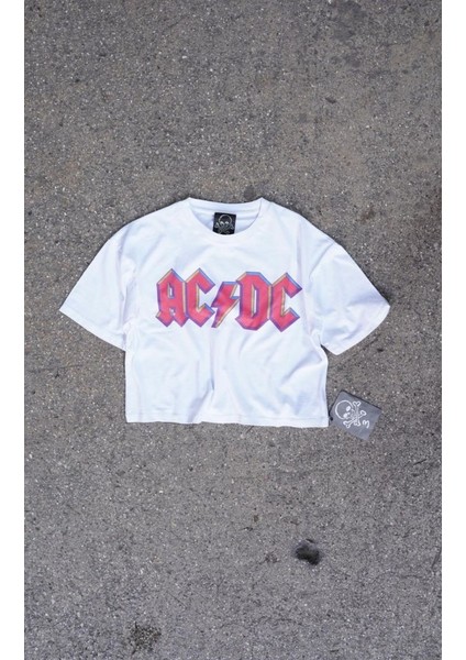 Ac/cd Beyaz Crop Pembe Baskılı T-Shirt