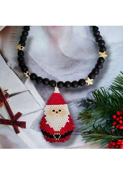 Yılbaşı Noel Baba Tasarımlı Lav Taşlı Özel Kolye modelleri
