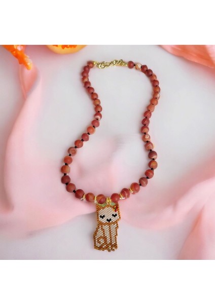 Yılbaşı Hediyesi Miyuki Tuğla Tekniği Kedi Tasarımlı Akik Taşlı Özel Kolye