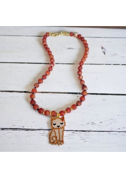 Yılbaşı Hediyesi Miyuki Tuğla Tekniği Kedi Tasarımlı Akik Taşlı Özel Kolye fiyatları