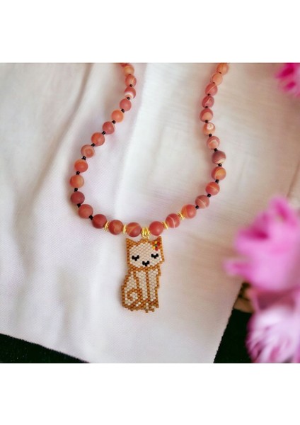 Yılbaşı Hediyesi Miyuki Tuğla Tekniği Kedi Tasarımlı Akik Taşlı Özel Kolye modelleri