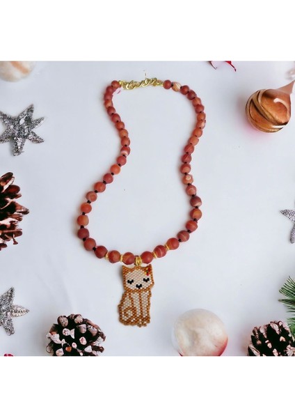 Yılbaşı Hediyesi Miyuki Tuğla Tekniği Kedi Tasarımlı Akik Taşlı Özel Kolye fırsatları