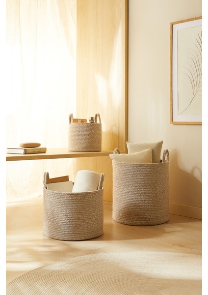 3'lü Bej Kırçıllı Pamuklu Halat Sepet Set 26 x 22 / 35 x 27 / 40 x 40 cm