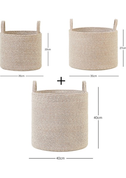 3'lü Bej Kırçıllı Pamuklu Halat Sepet Set 26 x 22 / 35 x 27 / 40 x 40 cm modelleri