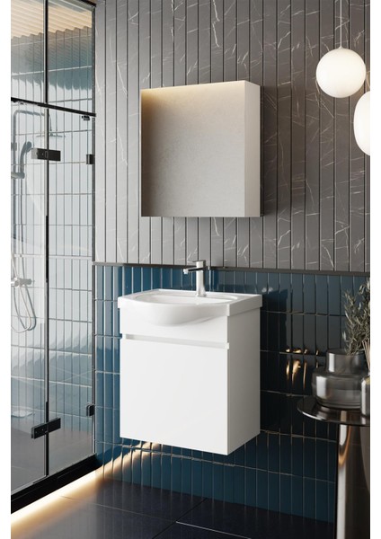 Fulya 50 cm Mdf Lavabolu Aynalı Banyo Dolabı Seti Seramik Lavabo Dahil Beyaz Mdf
